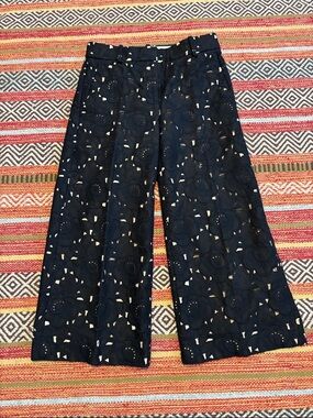 J. Crew Black Eyelet Lace Cropped Wide-Leg Pants size 0
